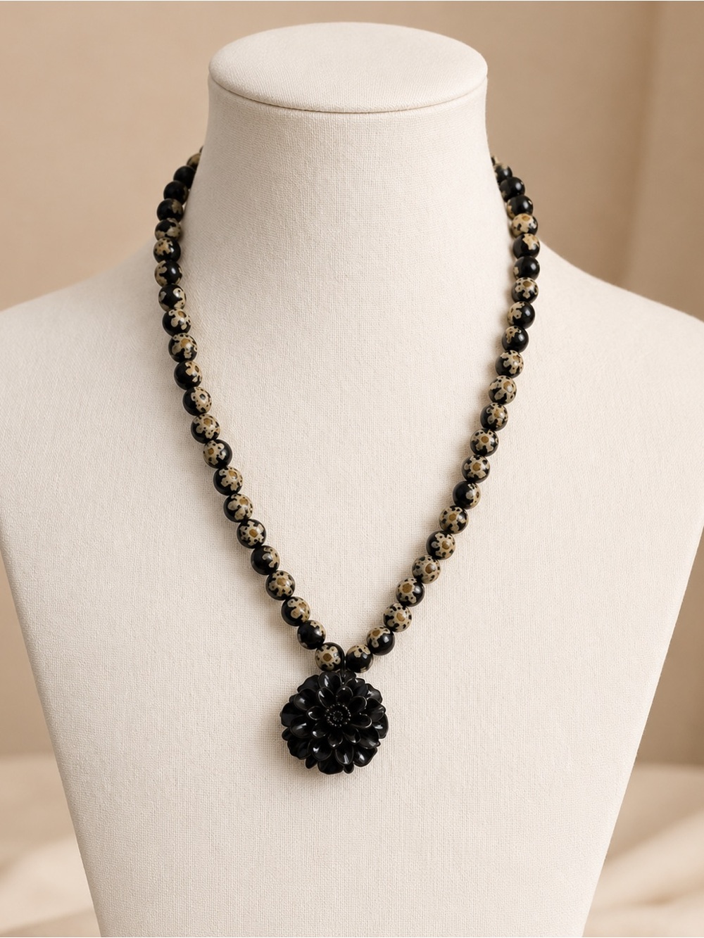 Handmade Black Floral Pendant Necklace Spotted Beads 21”